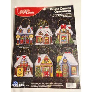J&P Coats Plastic Canvas Ornaments Kit Home For The Holidays Set Of 6 Approx 4"